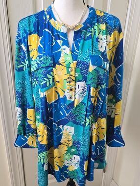 COCOMO BRAND WOMAN'S BLUE AND YELLOW FLORAL PULLOVER TUNIC TOP SIZE XL